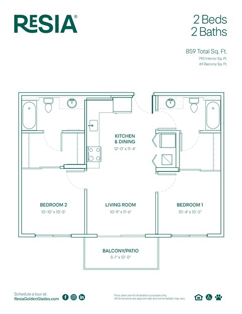 A floor plan for a Resia 2 Bed 2 Bath property.